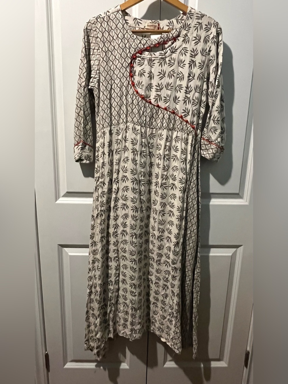 Boho-Style Cream and Brown Printed Long Soft Cotton Dress with Red Trim